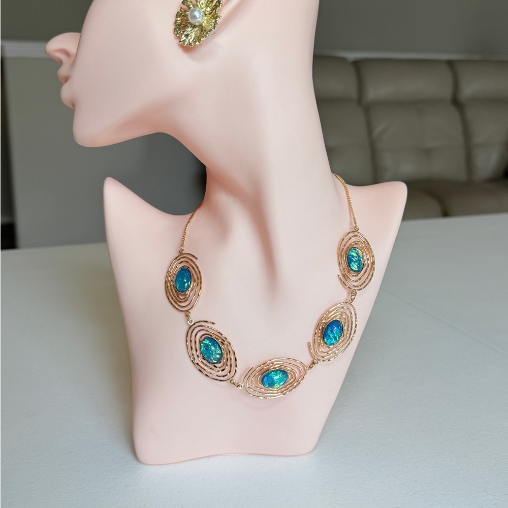 Gold-Tone Necklace with Teal Blue Oval Accents